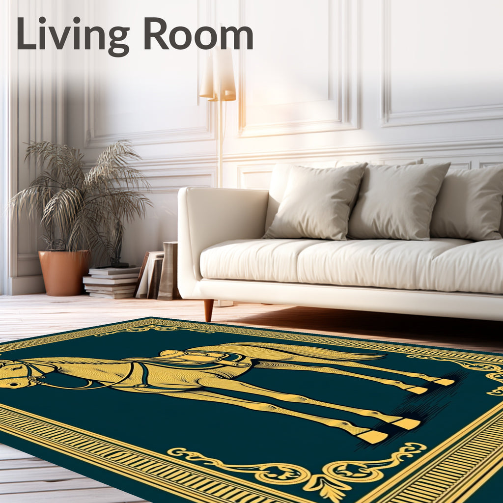 Elegant Golden Horse Framed Illustration Rug