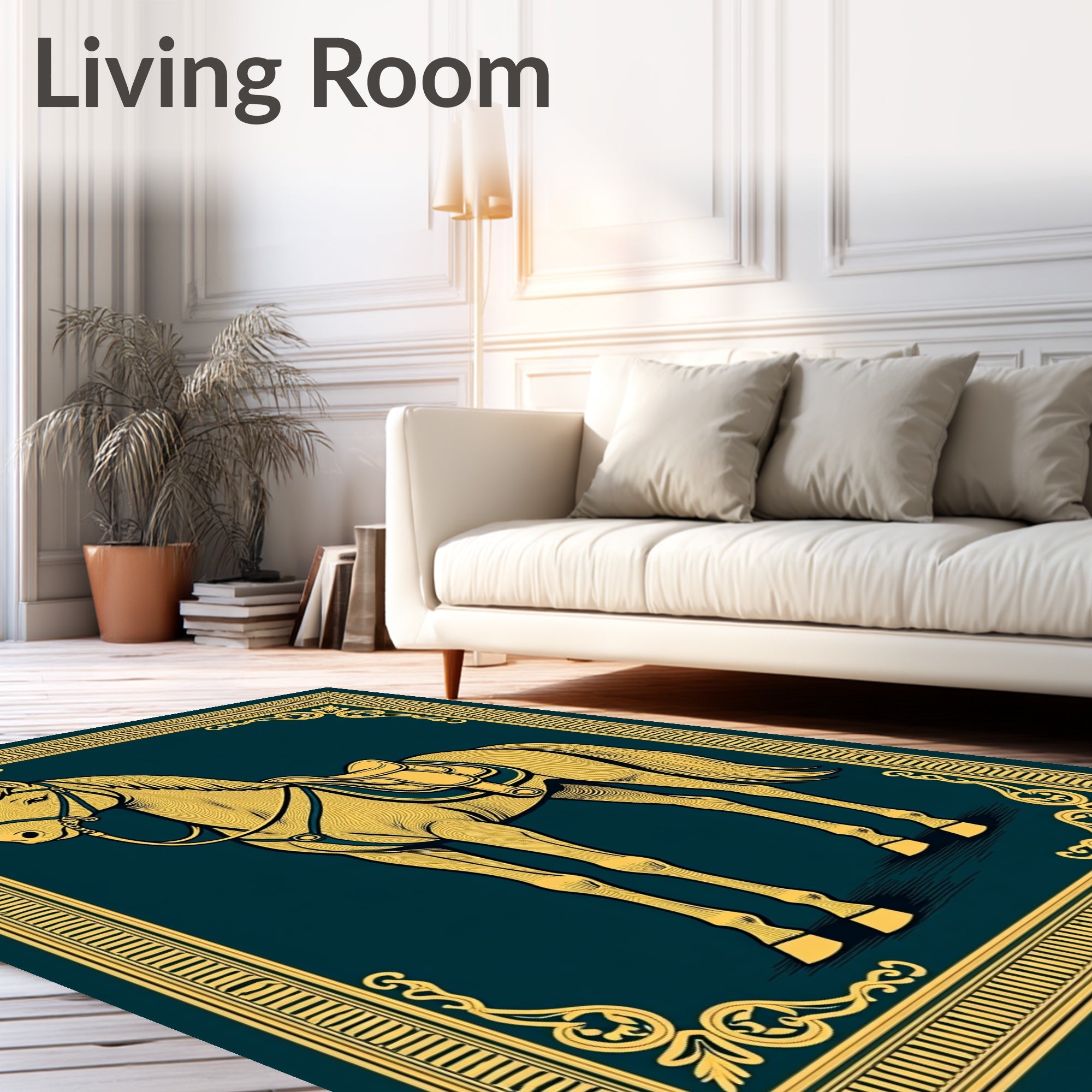Elegant Golden Horse Framed Illustration Rug
