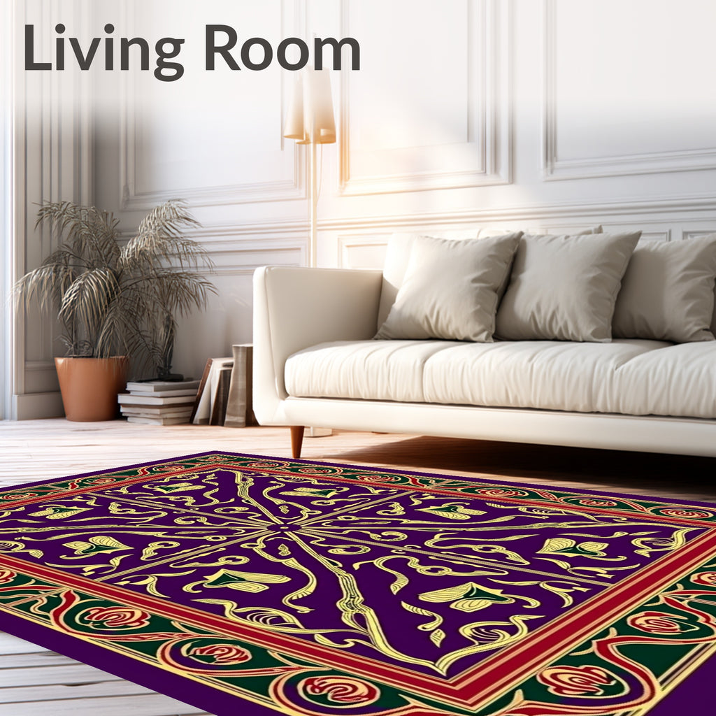 Rich Violet Golden Floral Border Rug
