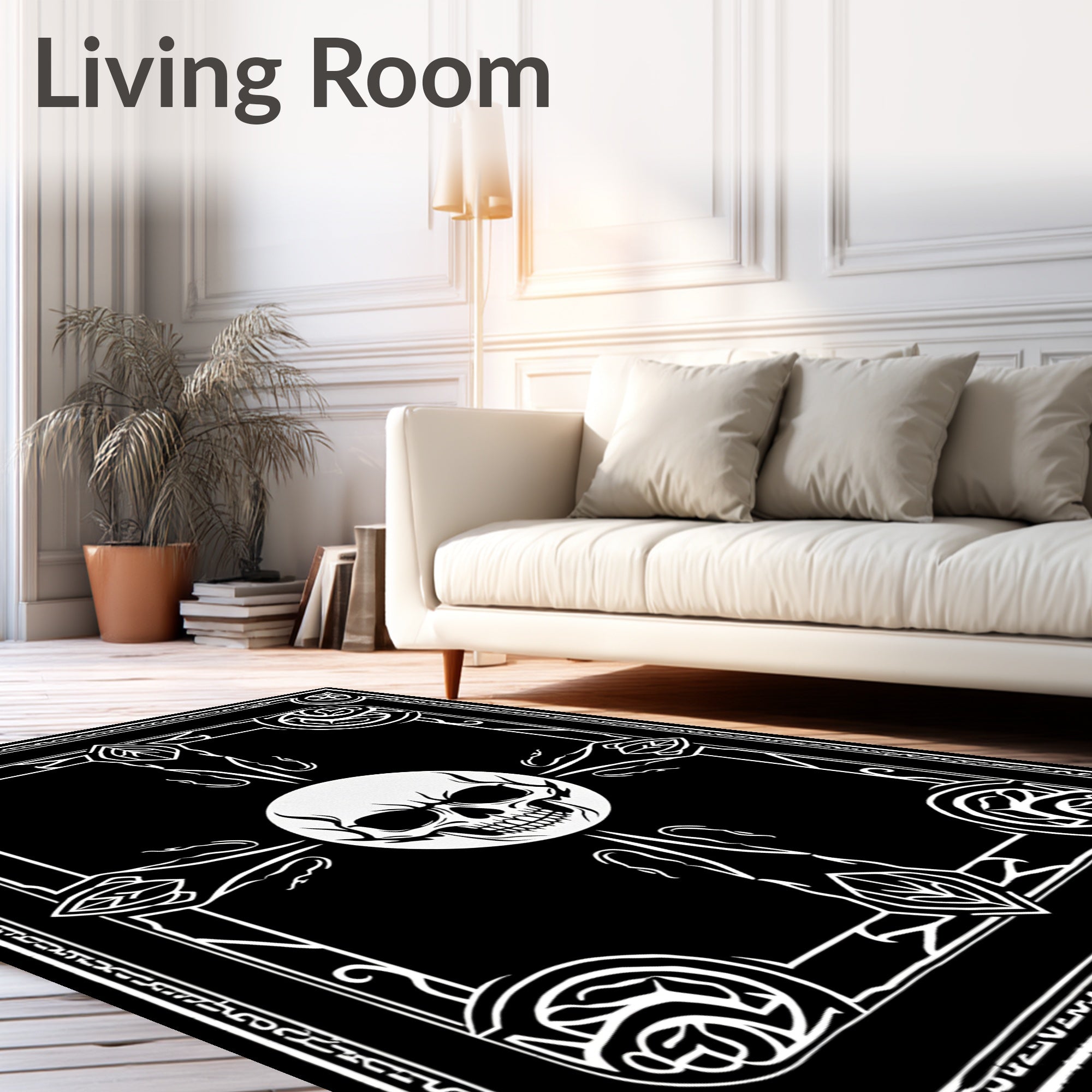 Gothic Black White Skull Sun Motif Rug