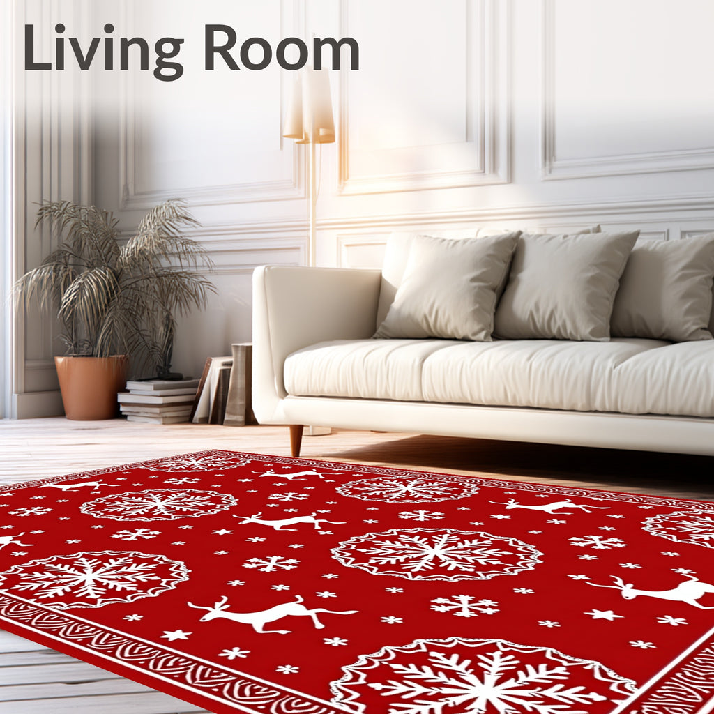 Red Snowflakes Reindeer Winter Scene Rug