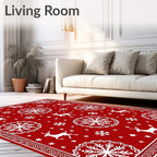 Red Snowflakes Reindeer Winter Scene Rug