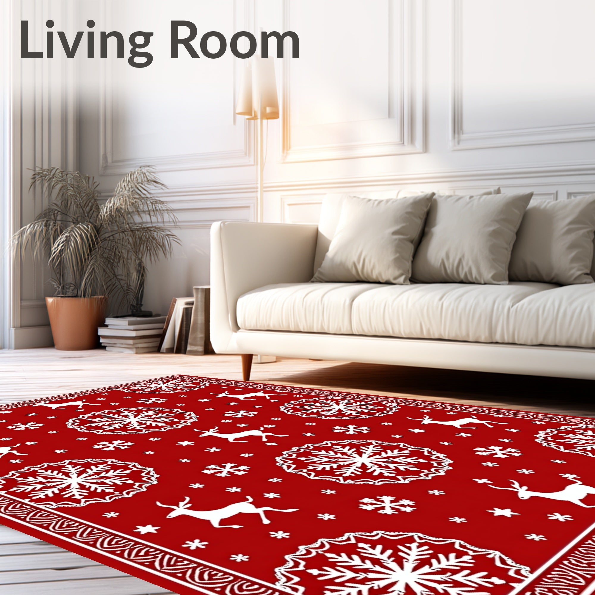 Red Snowflakes Reindeer Winter Scene Rug