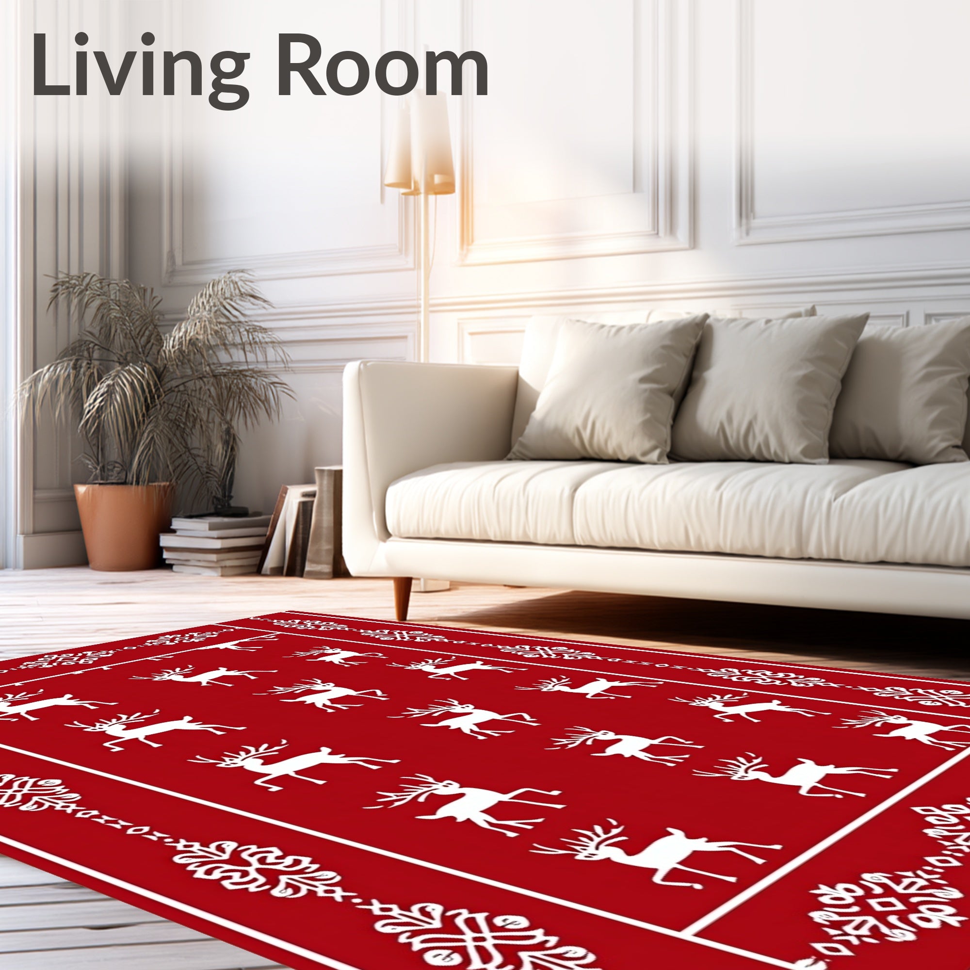 Red White Reindeer Snowflake Border Rug