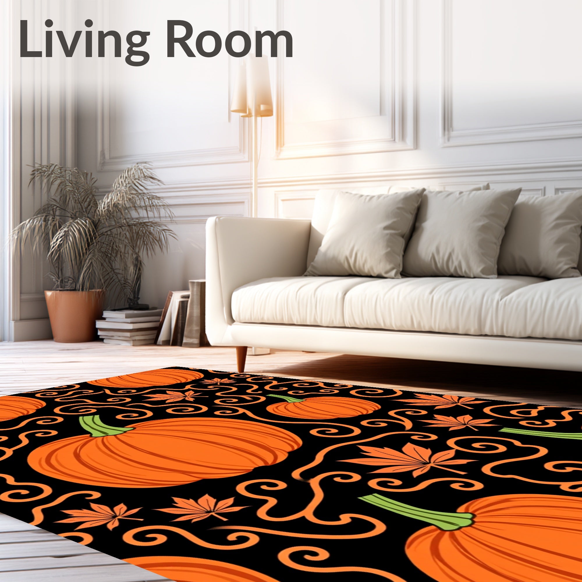 Orange Pumpkin Squash Black Swirls Leaves Rug