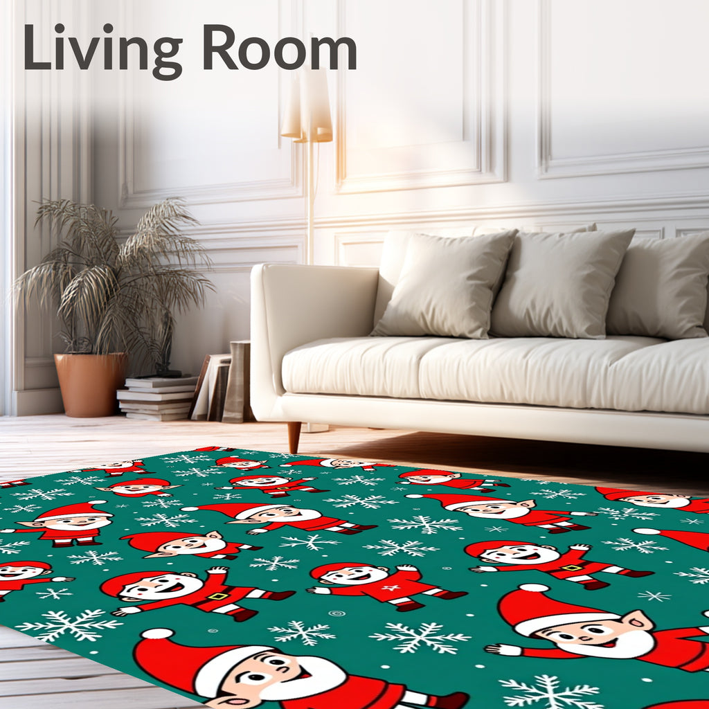 Festive Elves Snowflakes Teal Background Rug