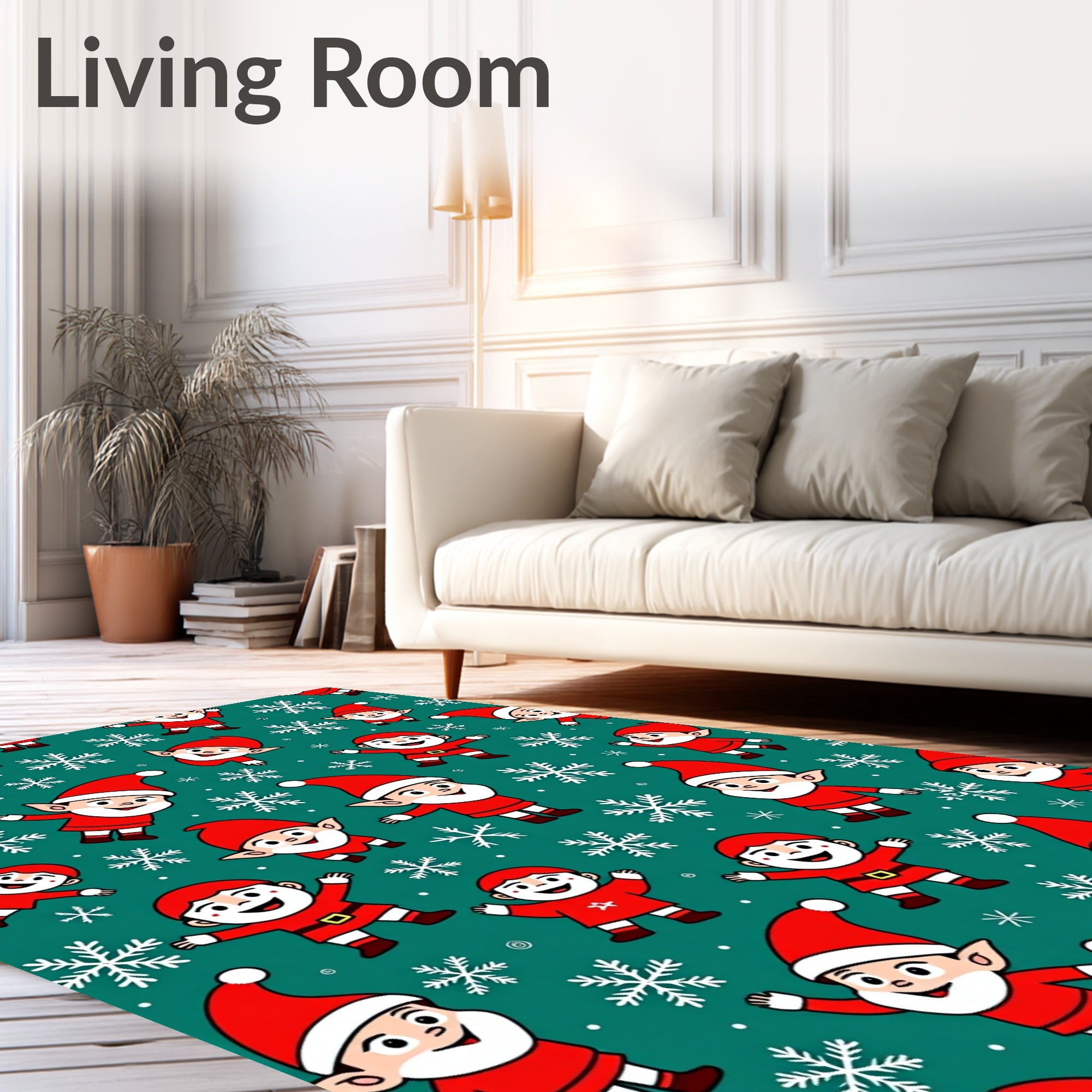 Festive Elves Snowflakes Teal Background Rug