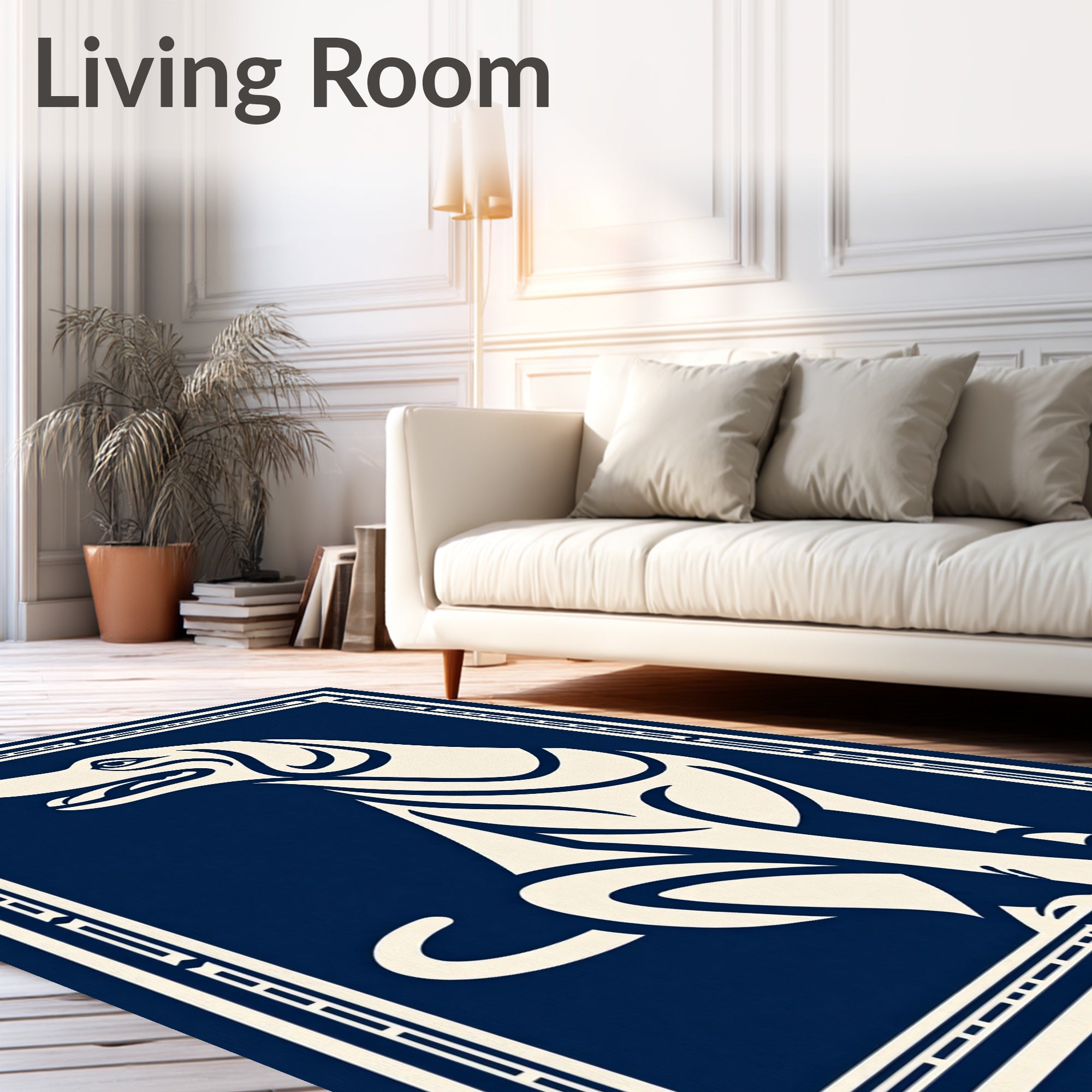 Deep Blue Sitting Dog Graphic Frame Rug