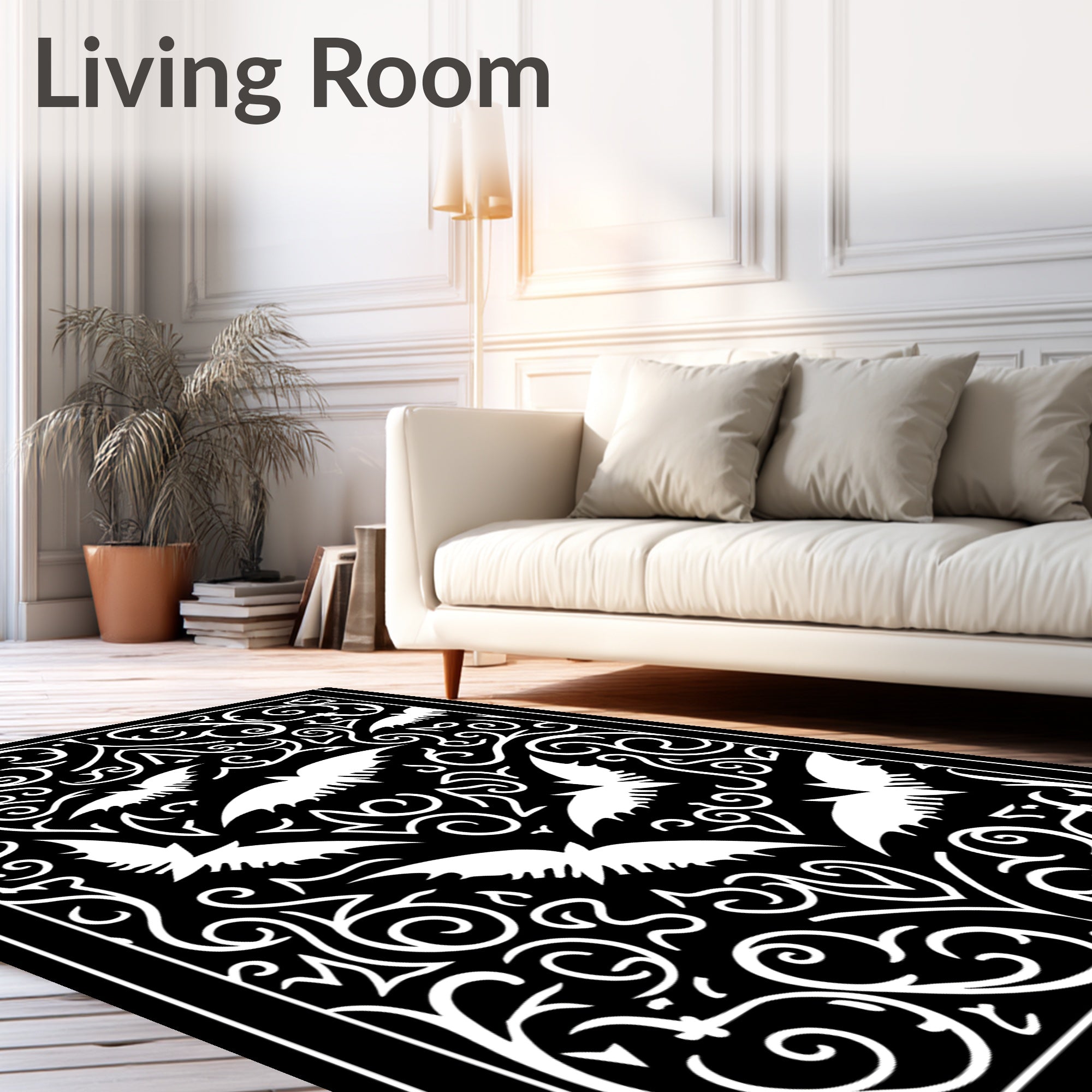 Gothic White Bats Swirls Black Rug