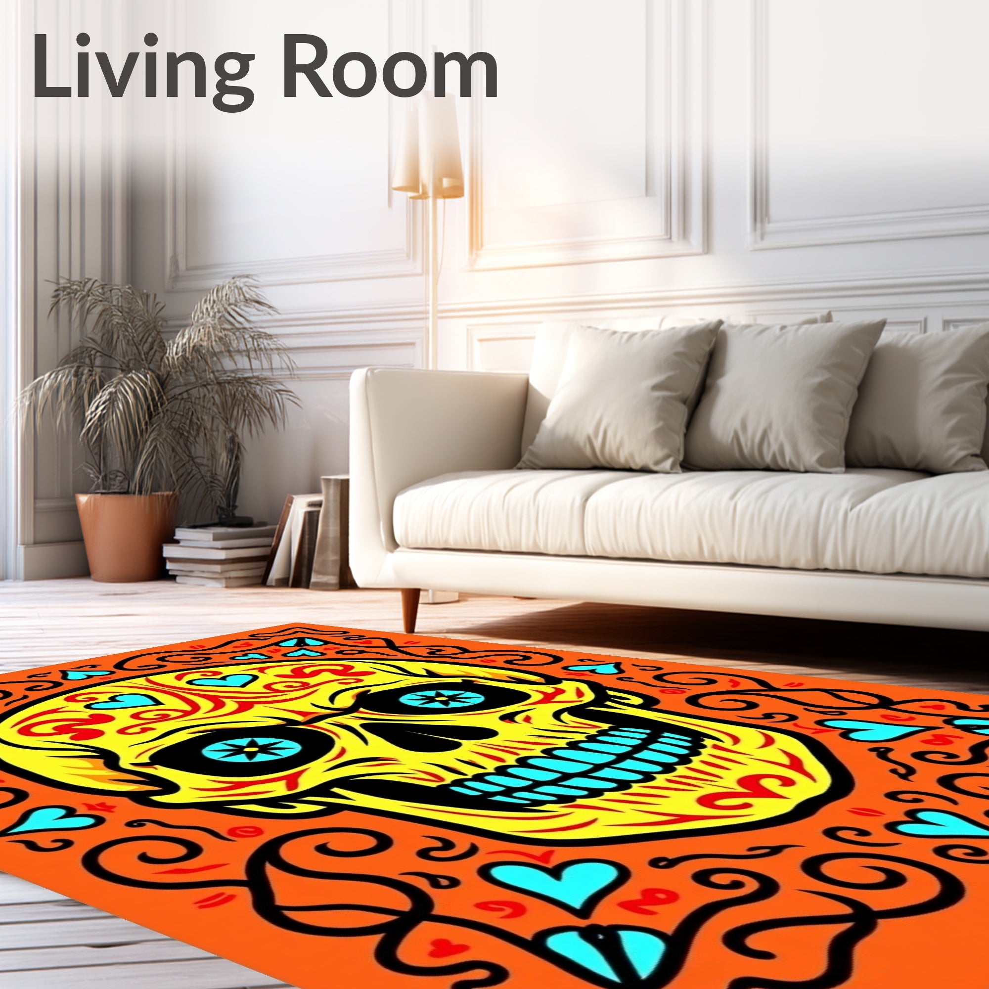 Yellow Sugar Skull with Teal Hearts Rug
