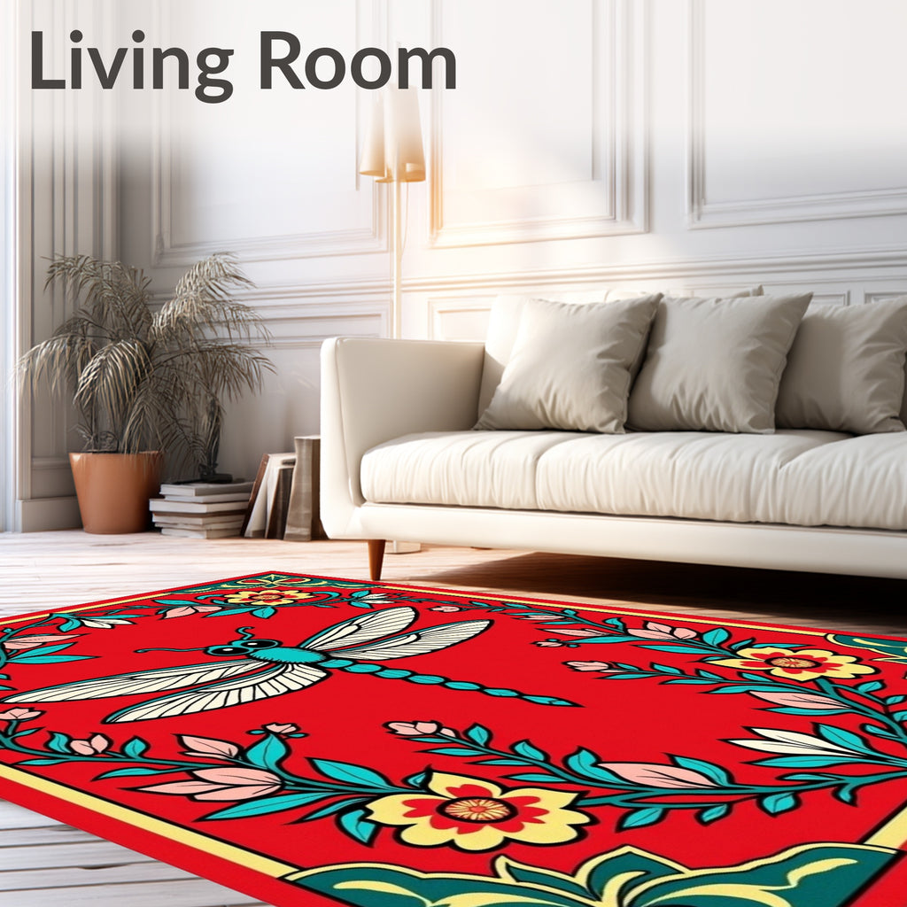 Red Dragonfly Floral Border Rug