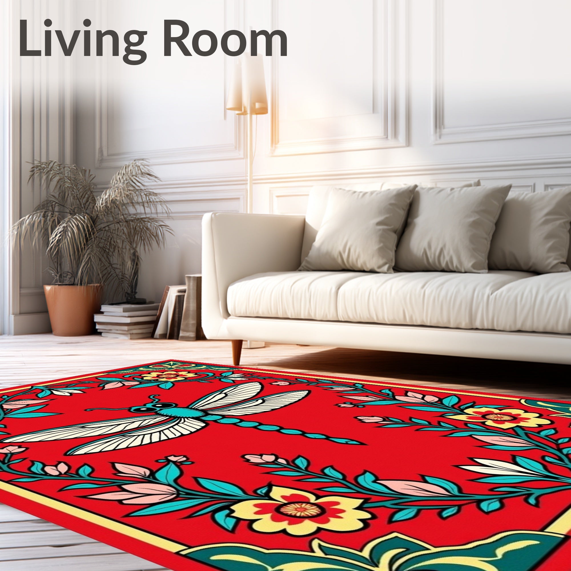 Red Dragonfly Floral Border Rug