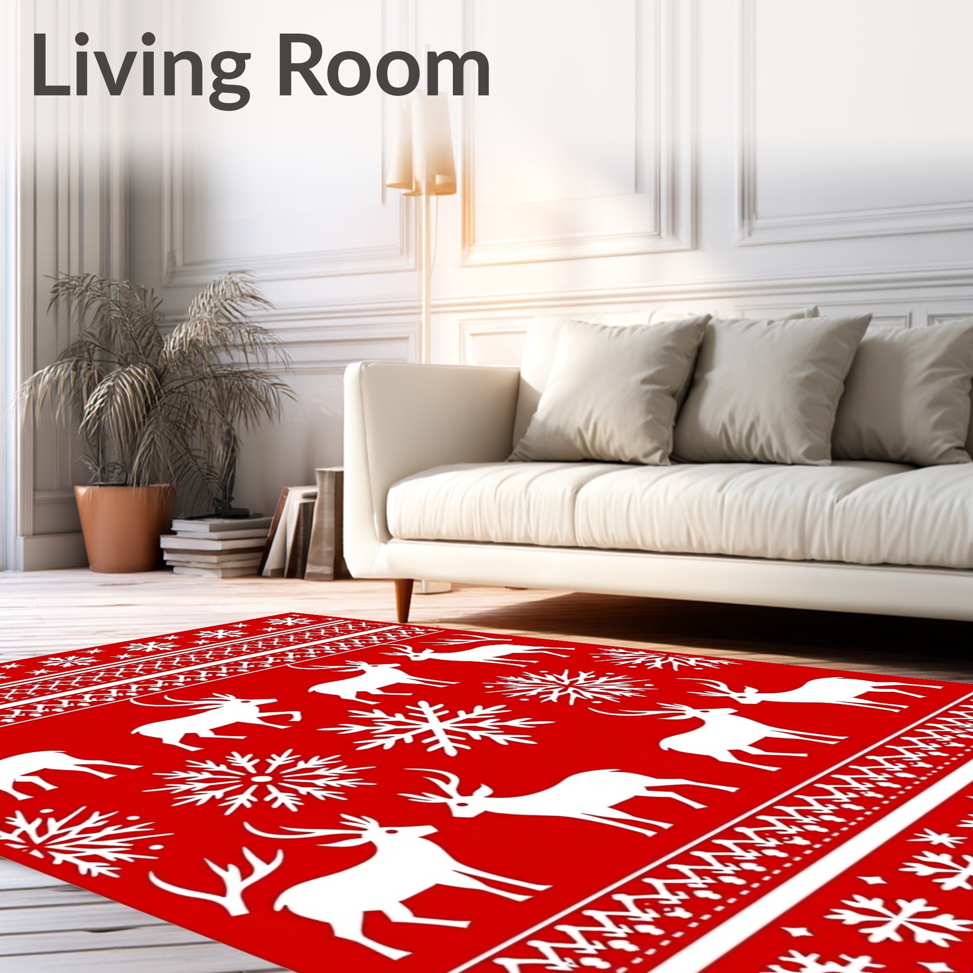Red White Deer Snowflakes Scandinavian Rug
