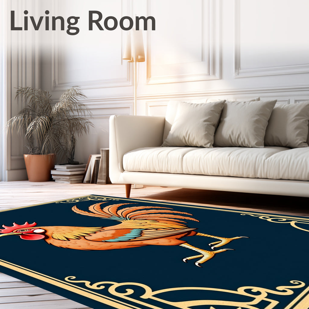 Golden Rooster Dark Blue Frame Rug