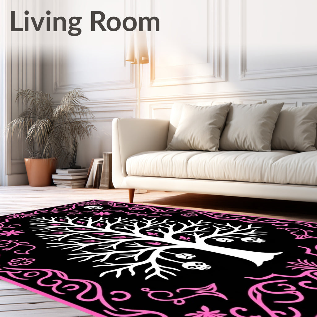 Black Skull Tree Pink Ornamental Rug