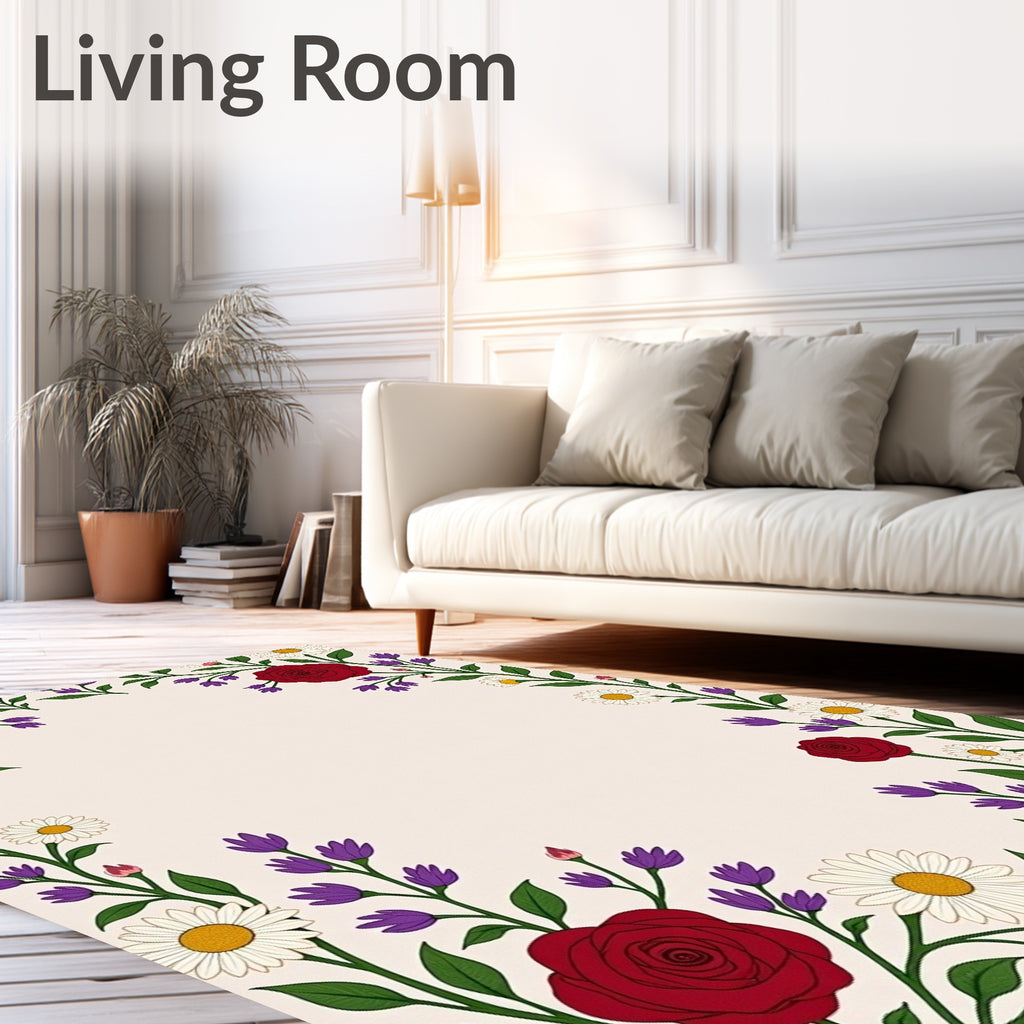 Crimson Rose White Daisy Garden Arrangement Rug