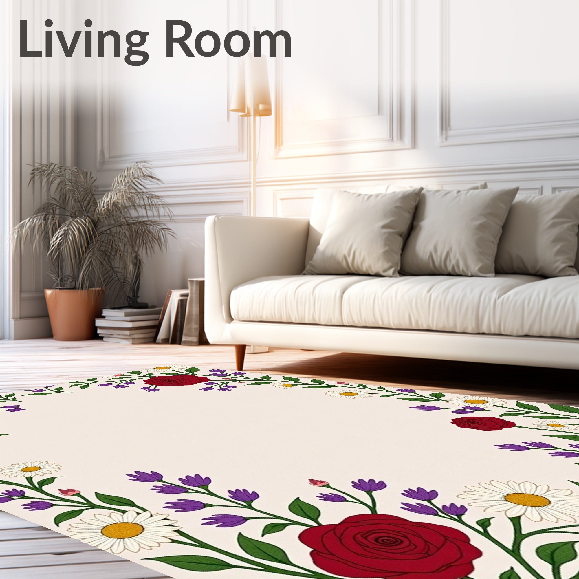 Crimson Rose White Daisy Garden Arrangement Rug
