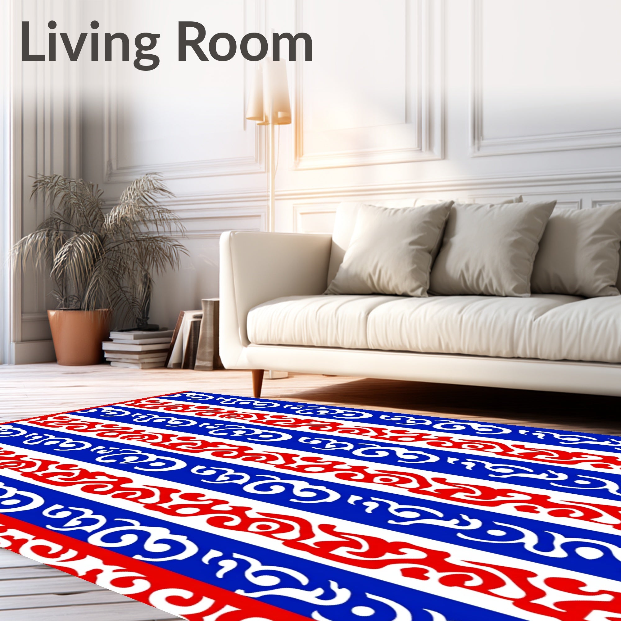 Bold Red White Blue Stripe Scroll Rug