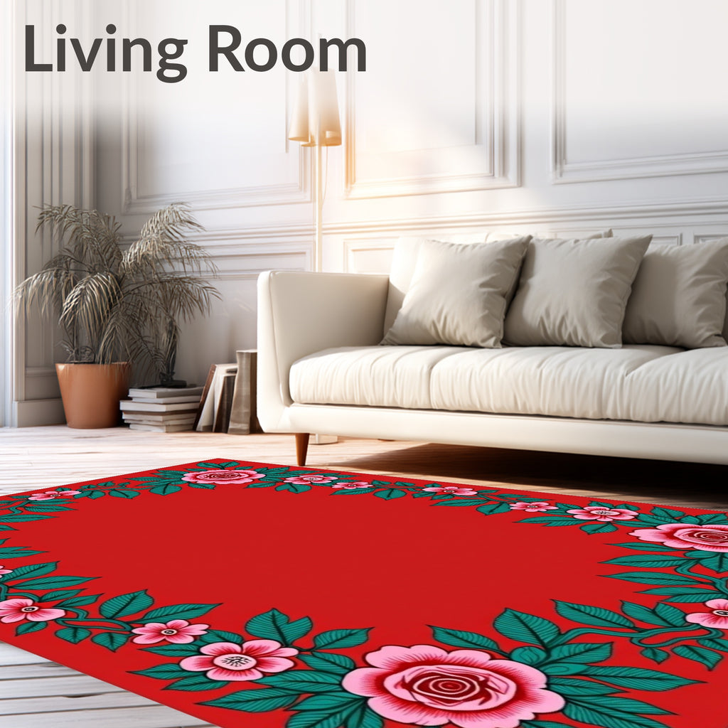 Pink Rose Bloom Vine Border Rug