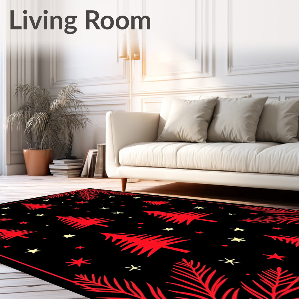 Red Black Fir Trees Stars Border Rug