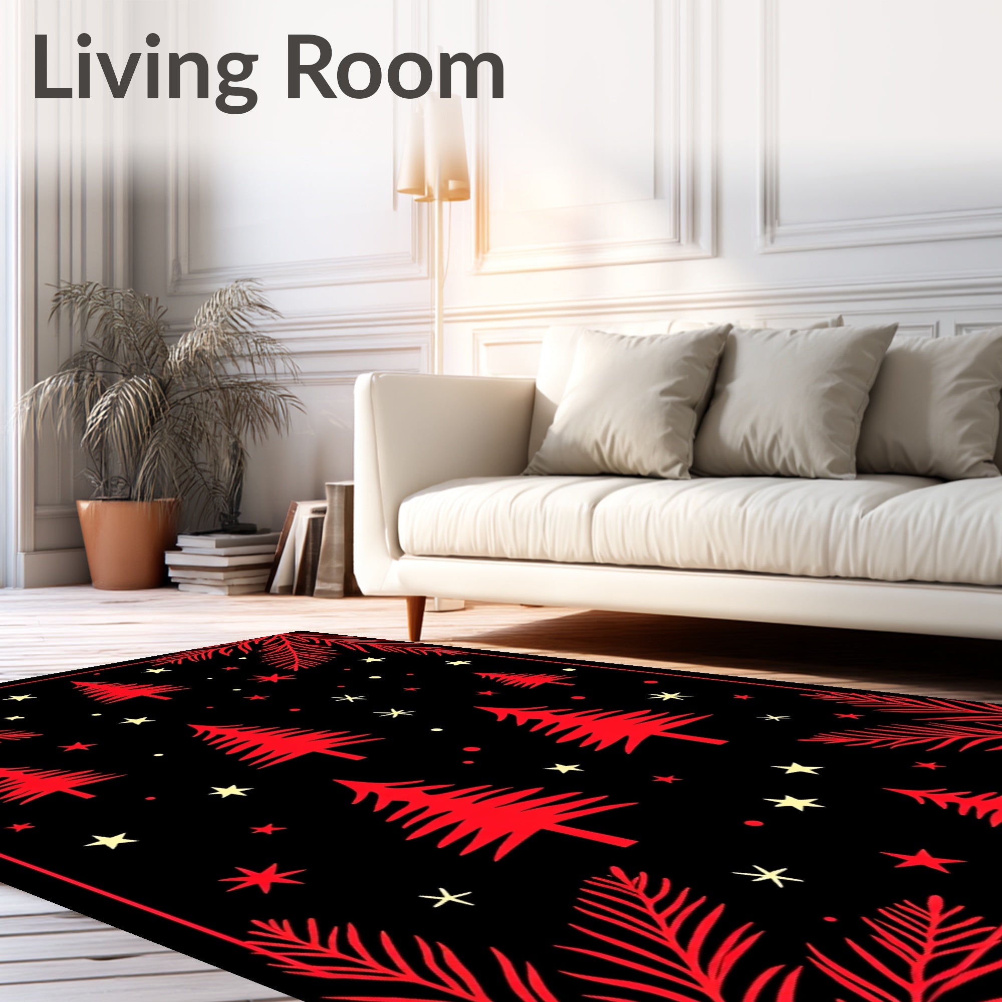 Red Black Fir Trees Stars Border Rug