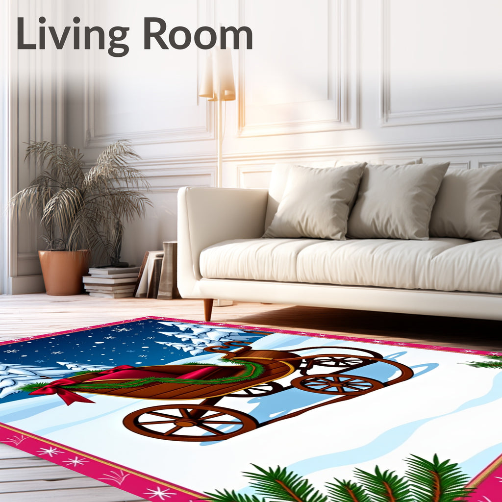 Rustic Sleigh Red Garland Snow Trees Rug
