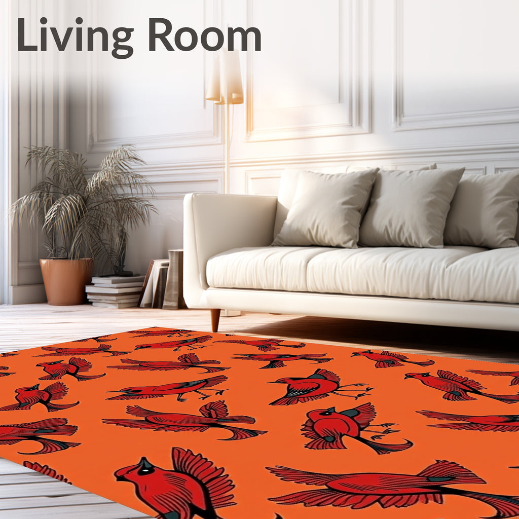 Crimson Bird Flock Orange Background Rug
