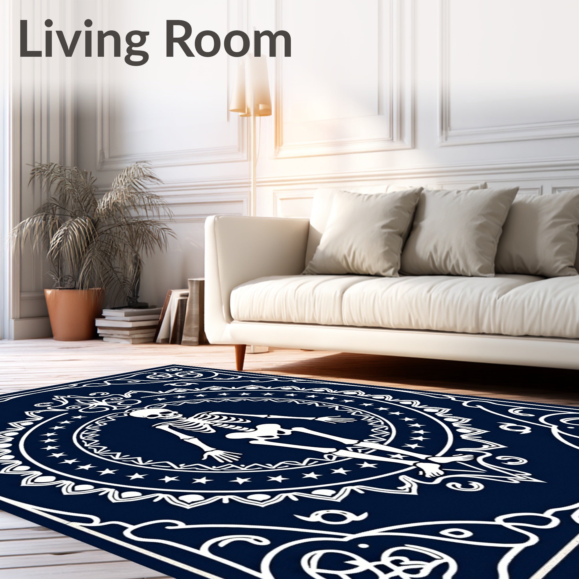 Navy White Skeleton Medallion Art Rug