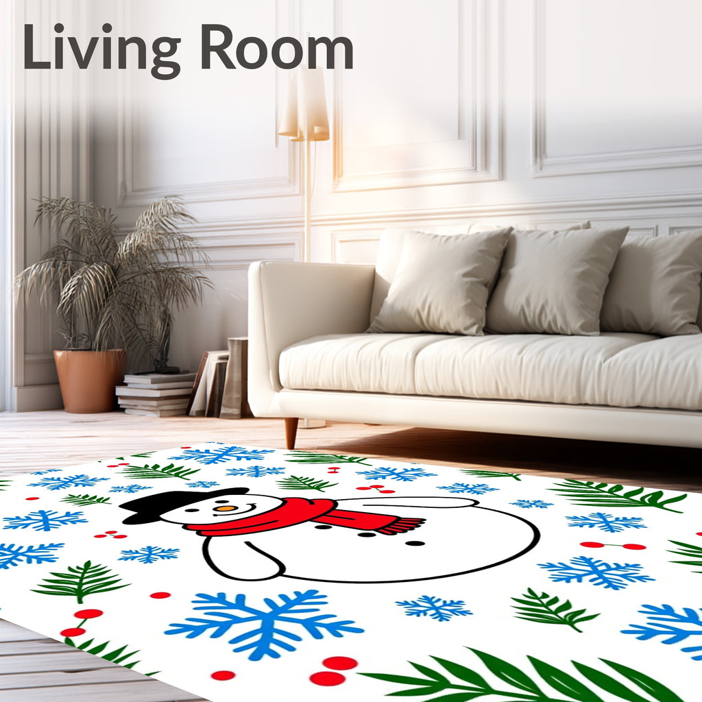Charming Snowman Red Scarf Holly Snowflakes Rug