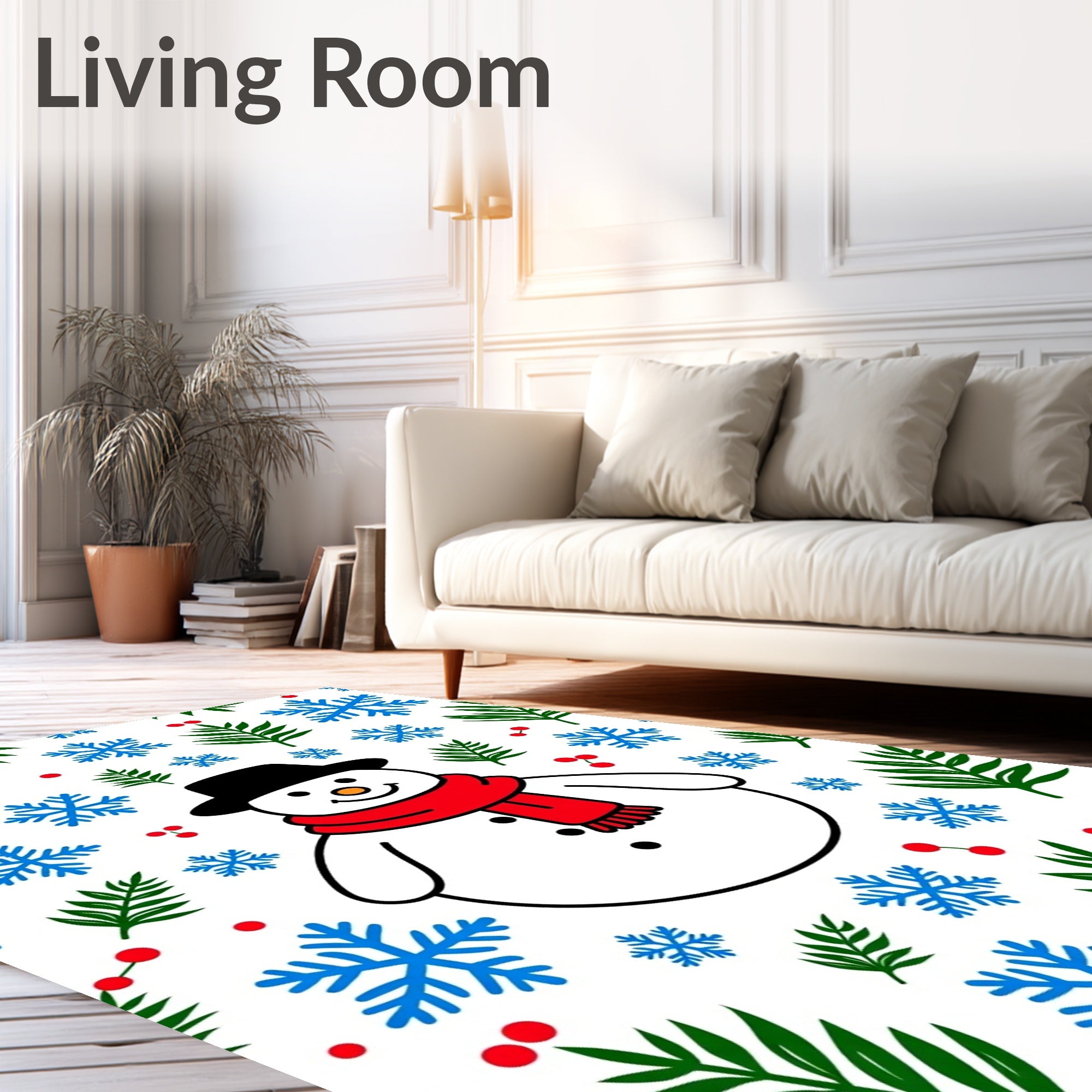 Charming Snowman Red Scarf Holly Snowflakes Rug