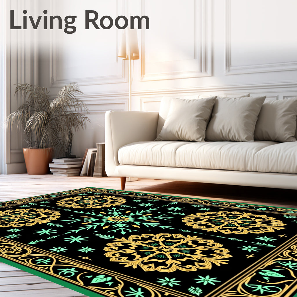 Ornate Gold Teal Black Medallion Border Rug