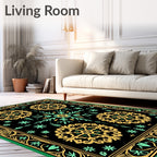 Ornate Gold Teal Black Medallion Border Rug