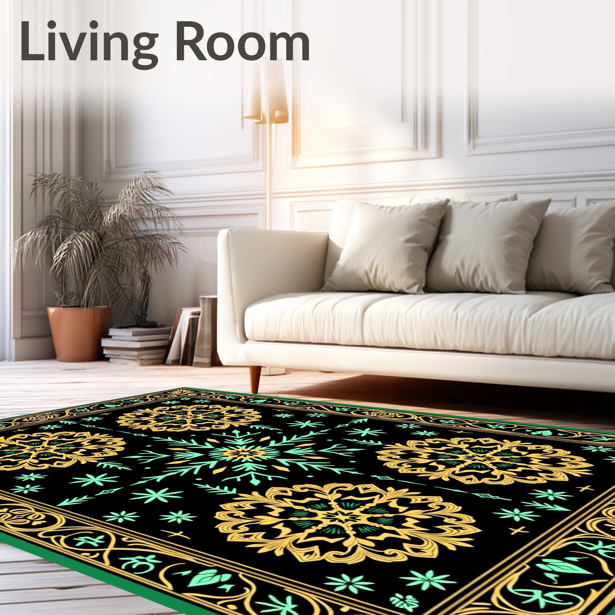 Ornate Gold Teal Black Medallion Border Rug
