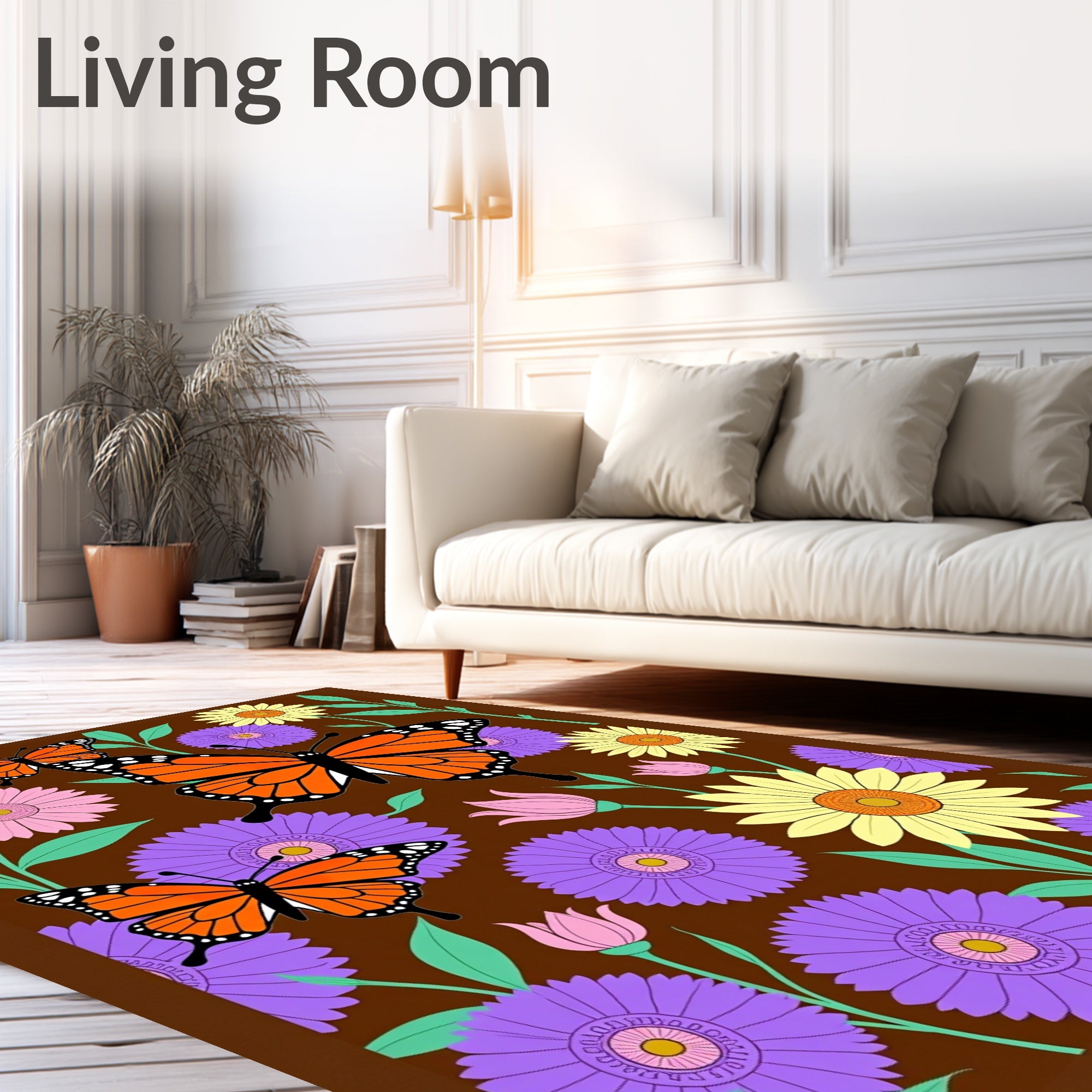 Orange Monarch Butterflies and Flowers Rug