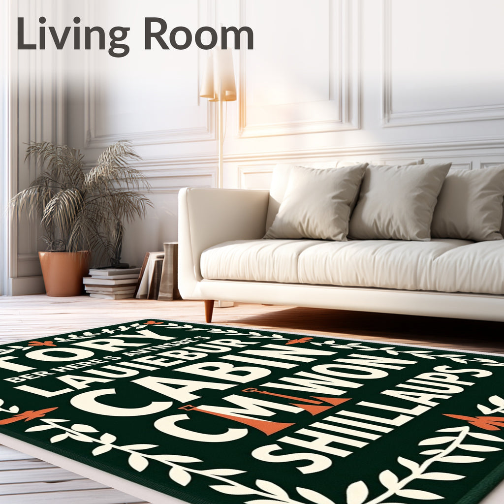 Dark Green Laurel Floral Text Rug