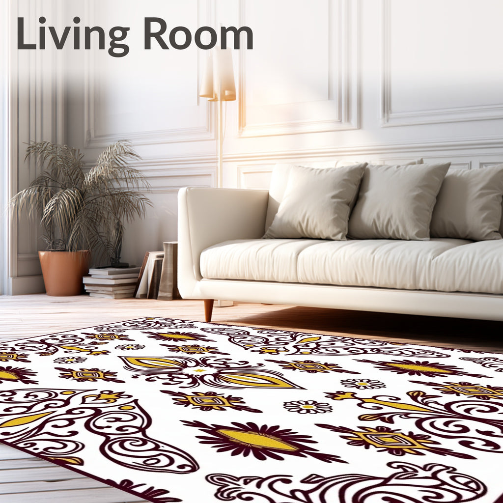 Gold and Maroon Floral Scroll Work Rug