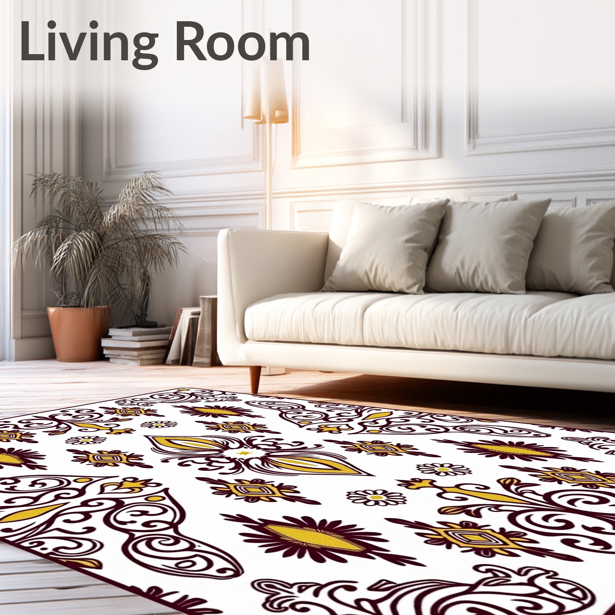 Gold and Maroon Floral Scroll Work Rug