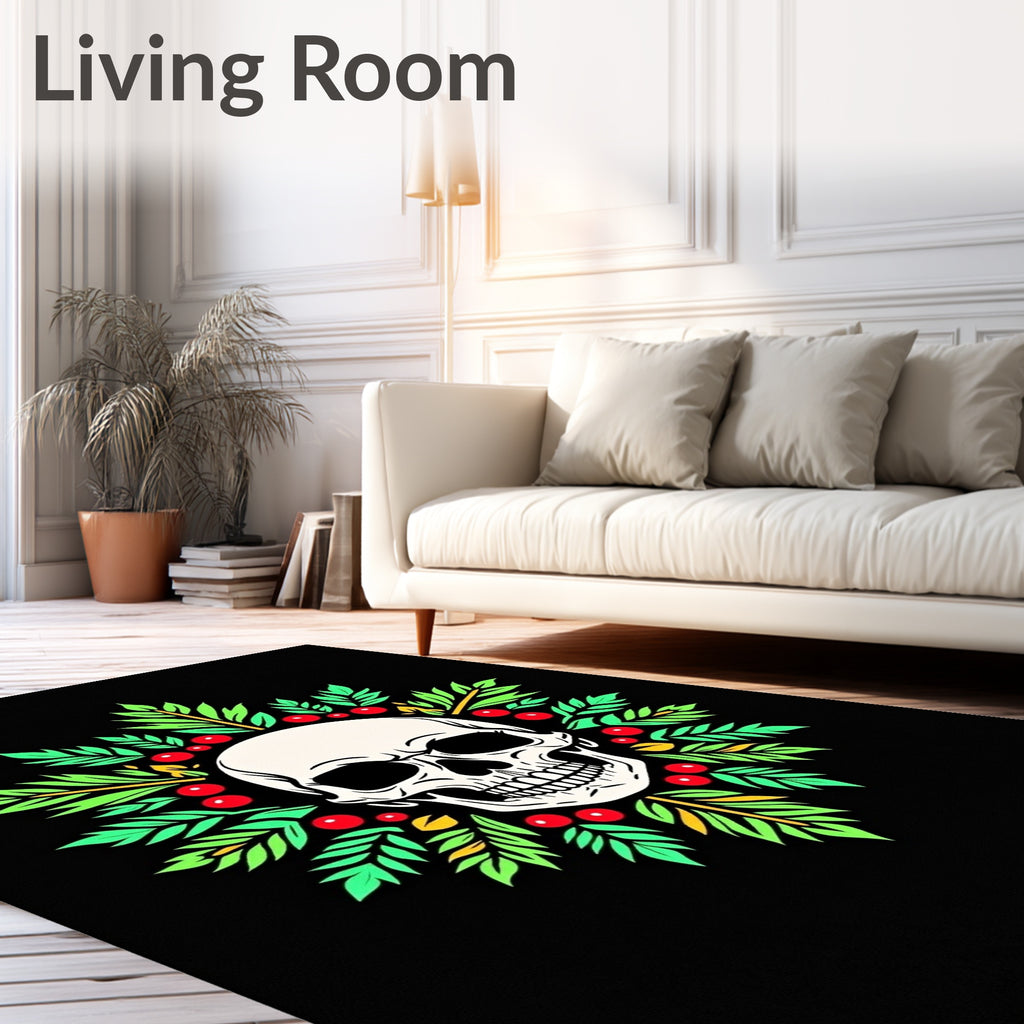 White Skull Green Leaf Berry Wreath Rug