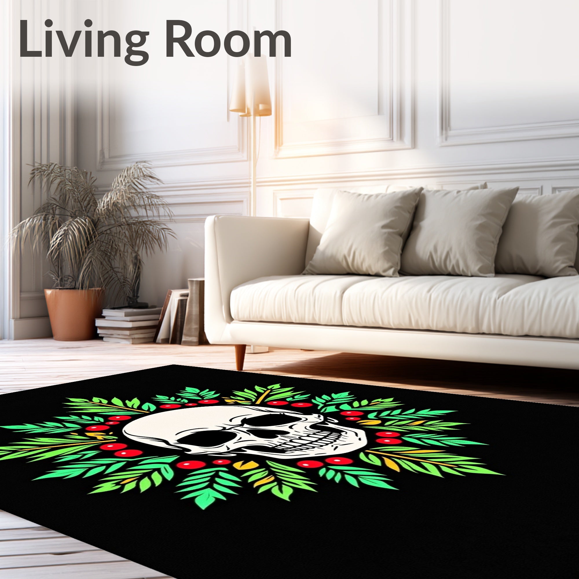 White Skull Green Leaf Berry Wreath Rug