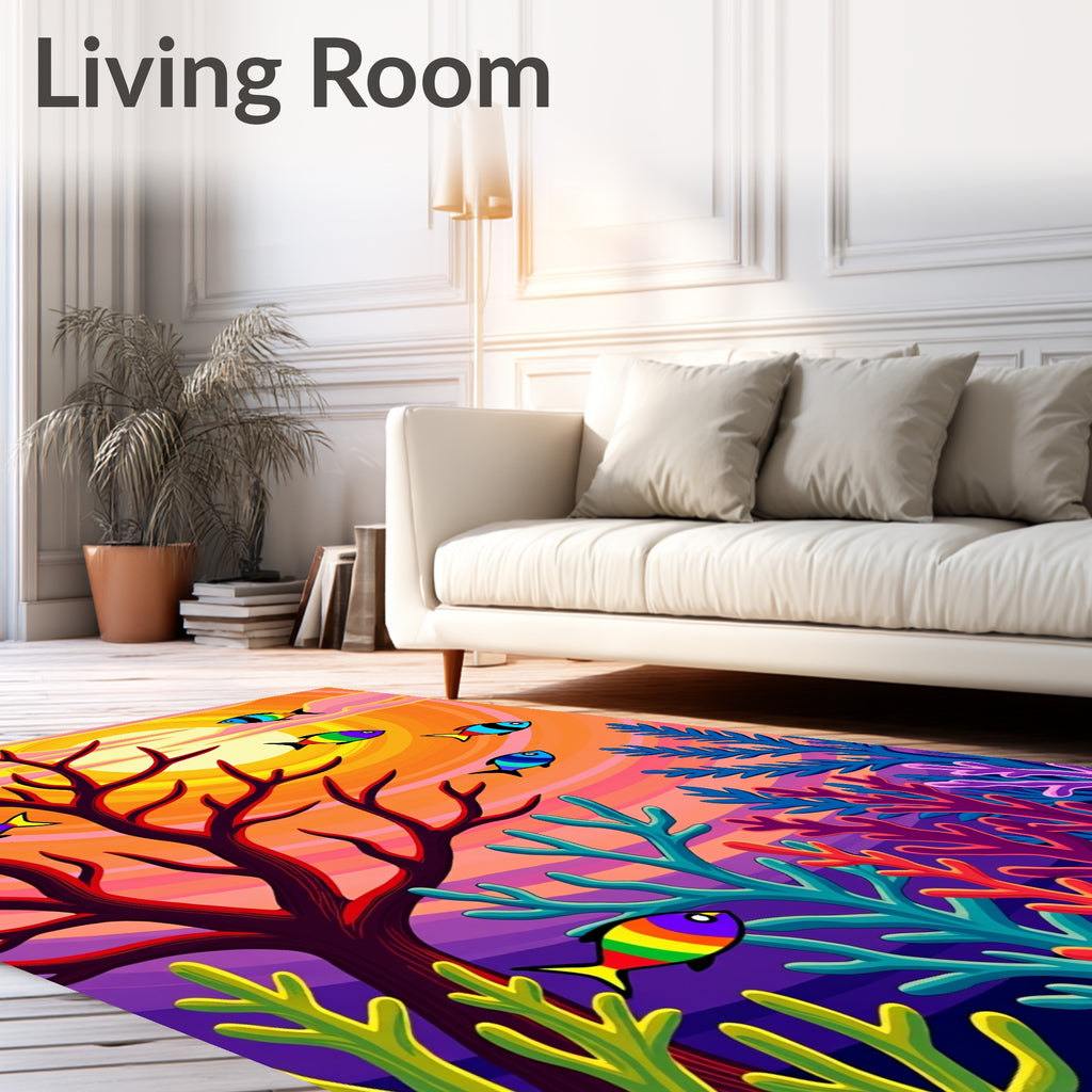 Vibrant Rainbow Fish Coral Sunset Rug
