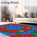Red Cardinal Floral Garland Blue Rug