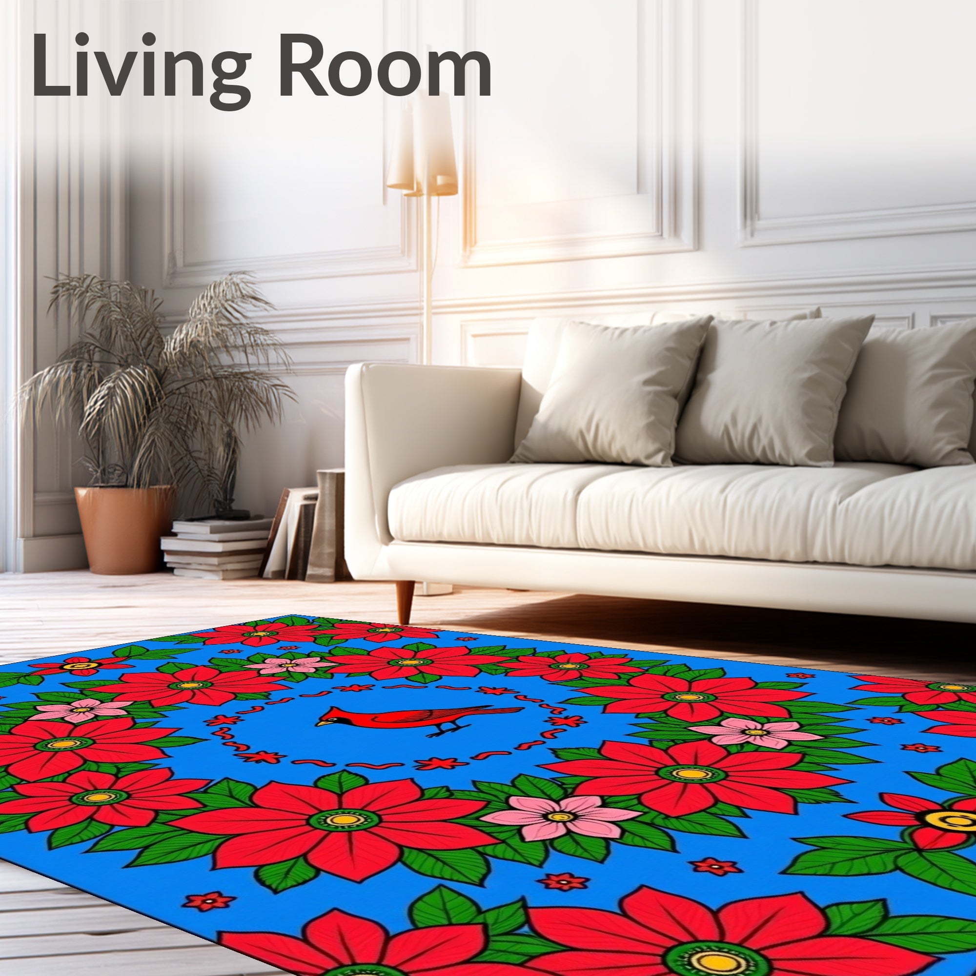 Red Cardinal Floral Garland Blue Rug