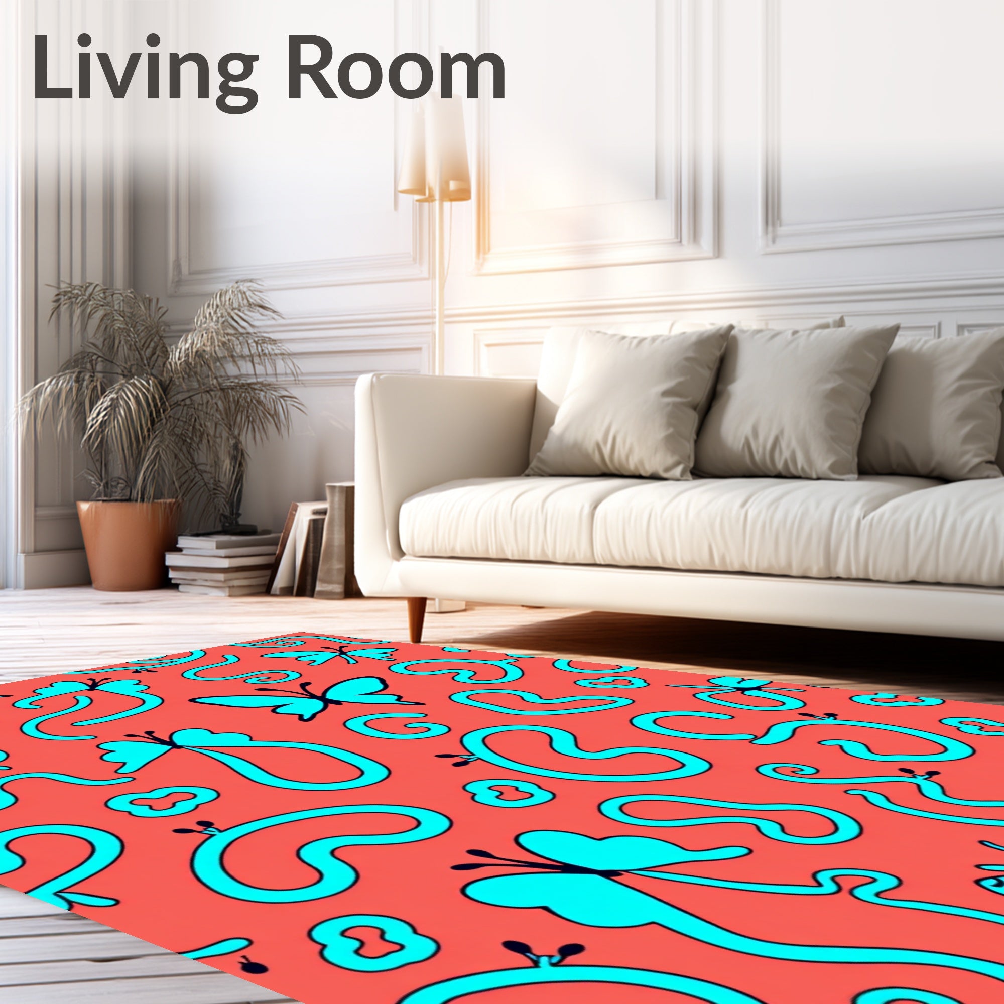 Coral Teal Whimsical Butterfly Flow Rug