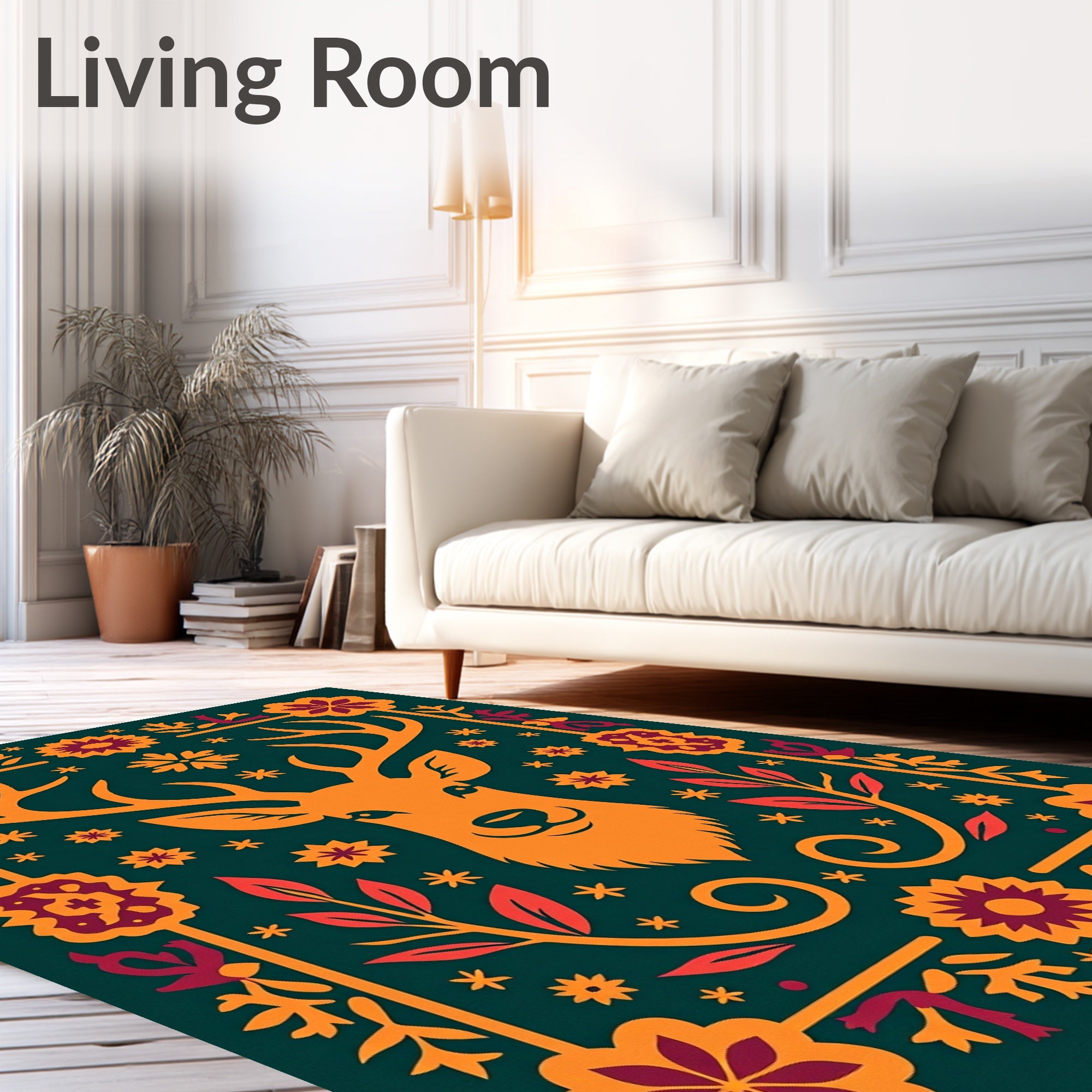 Orange Deer With Floral Border Rug