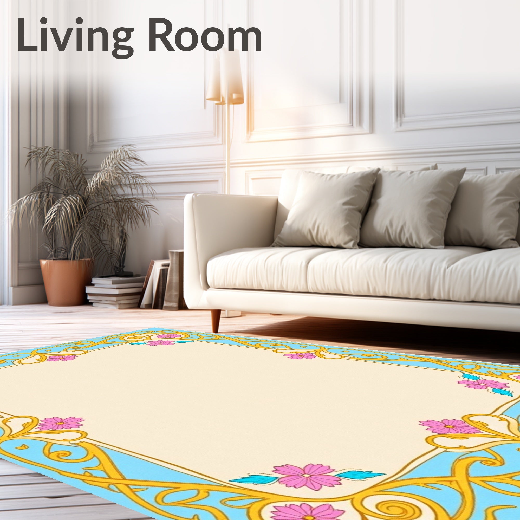 Art Nouveau Gold Floral Blue Frame Rug