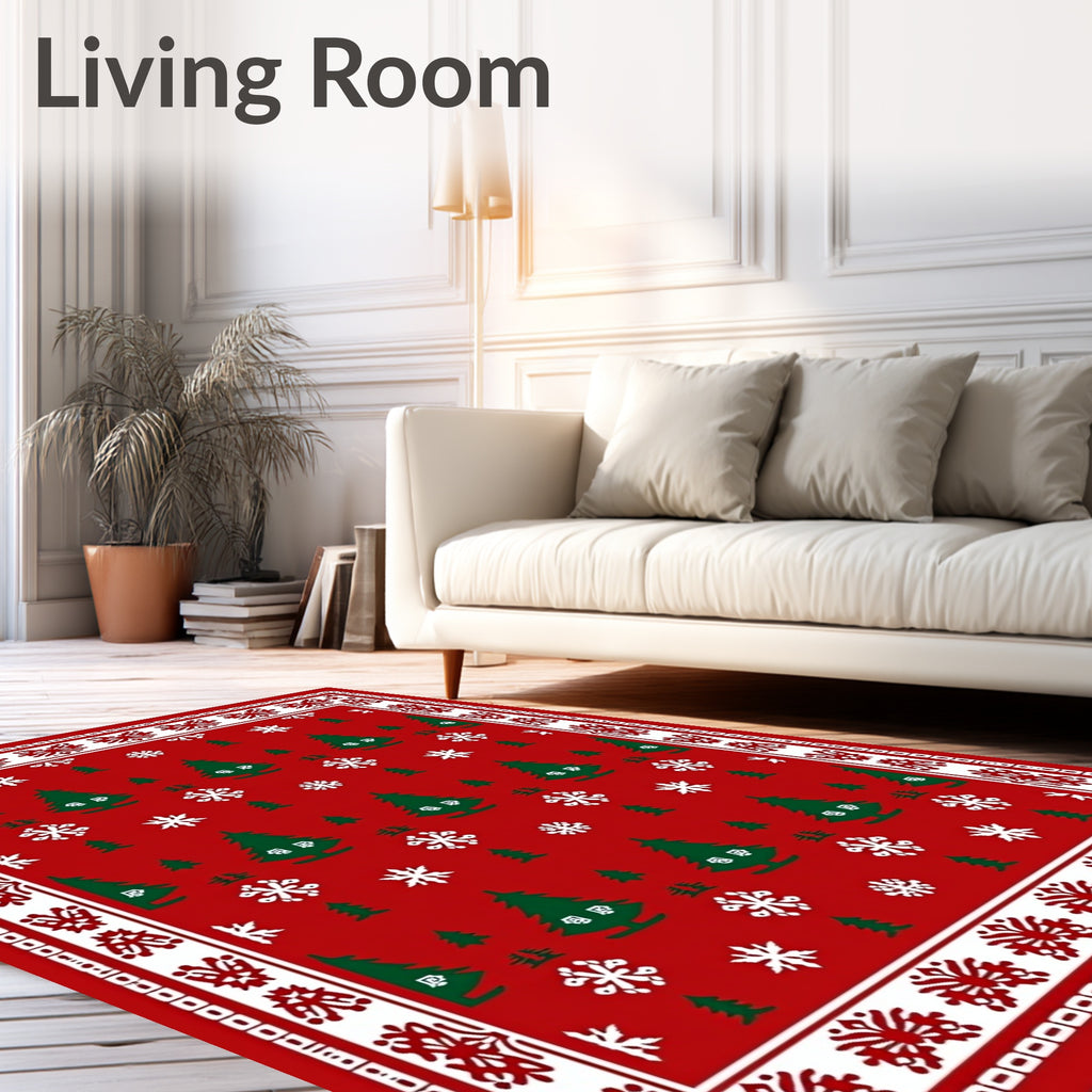 Classic Red White Christmas Tree Snowflakes Rug