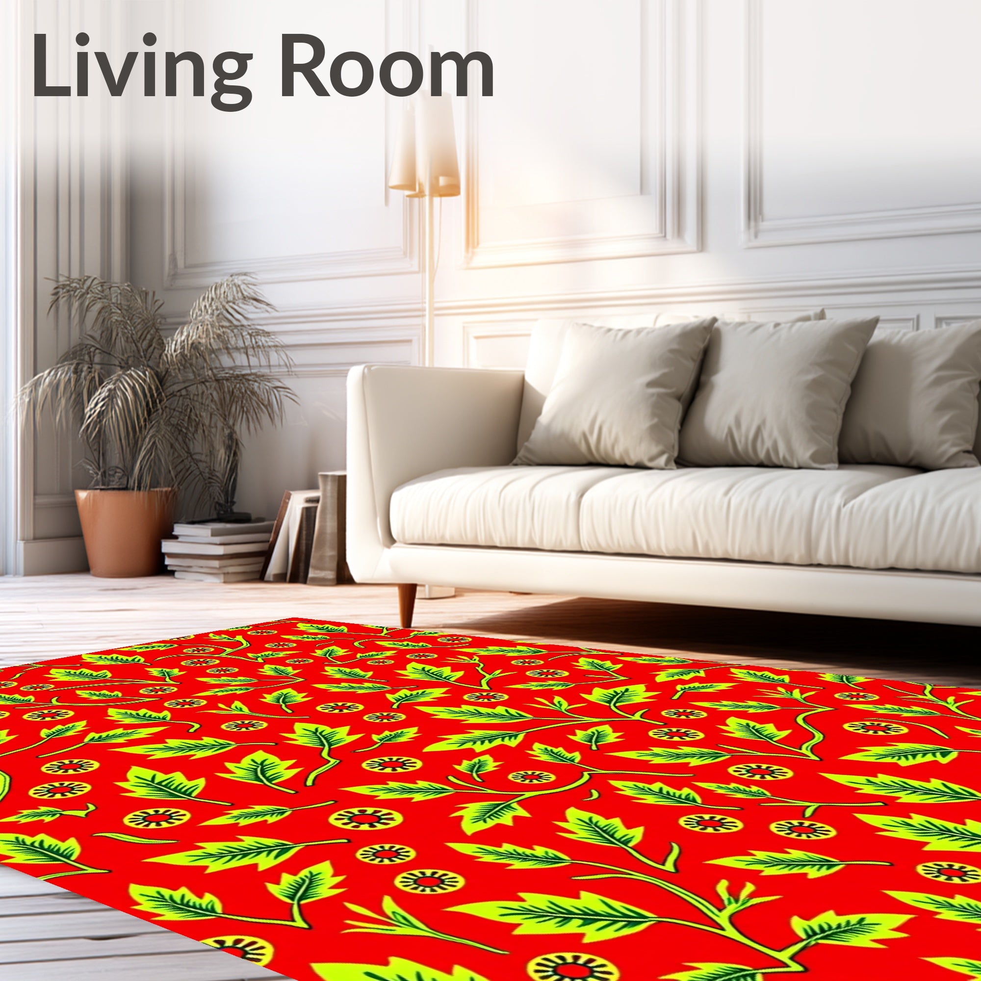 Vibrant Red Green Leaf Floral Rug