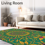 Emerald Gold Floral Swirl Mandala Rug