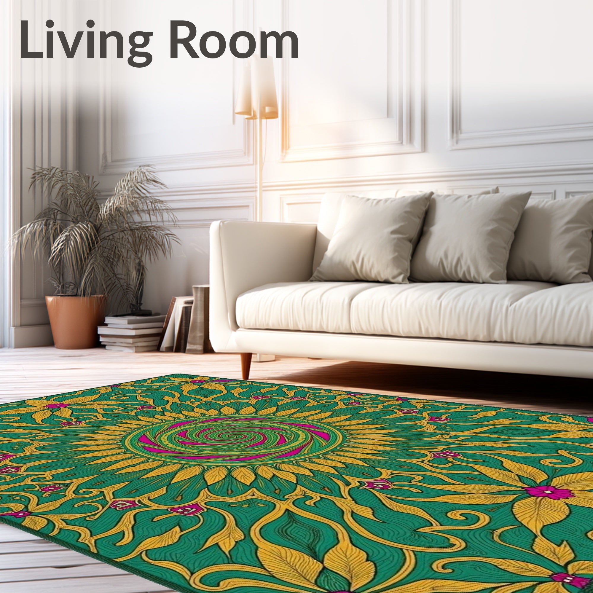 Emerald Gold Floral Swirl Mandala Rug