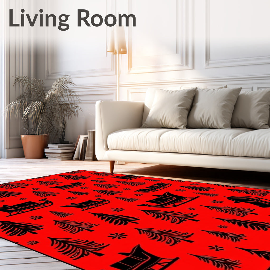 Red Black Christmas Sleigh Trees Rug